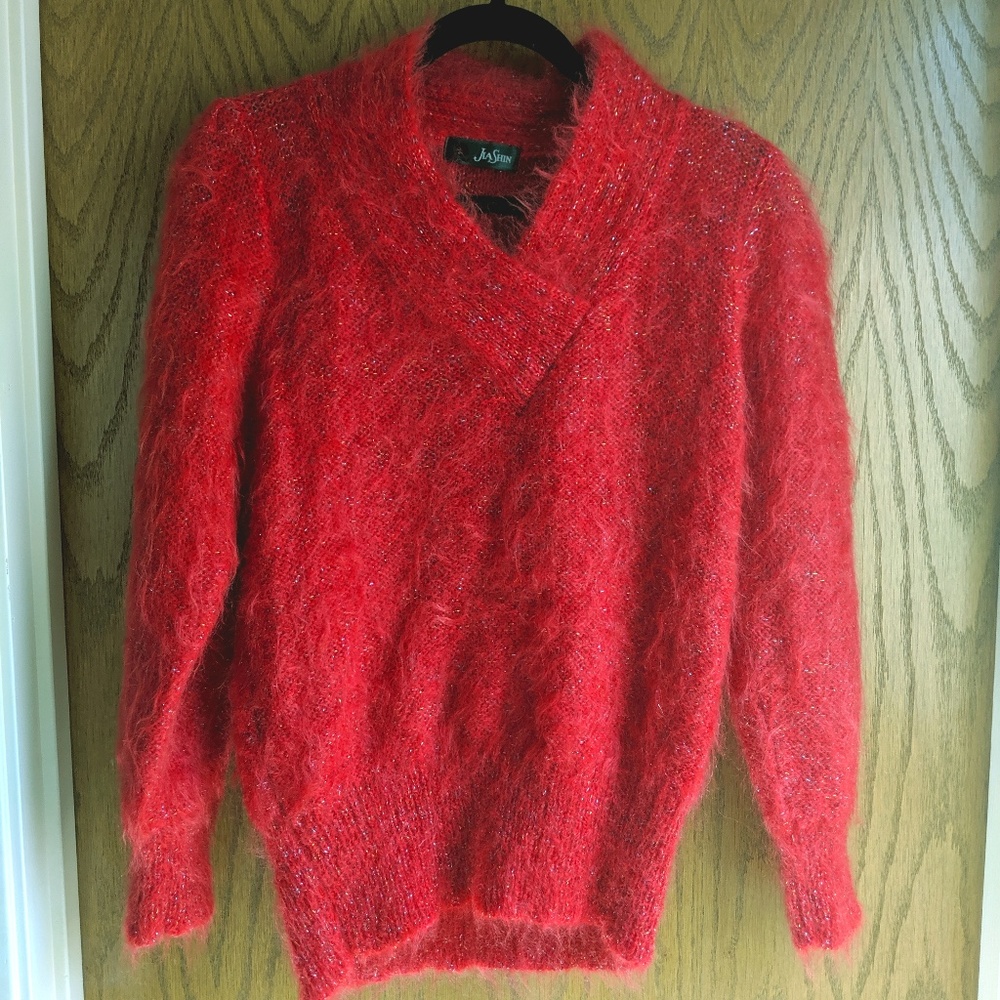 Jia Shin red fuzzy sweater